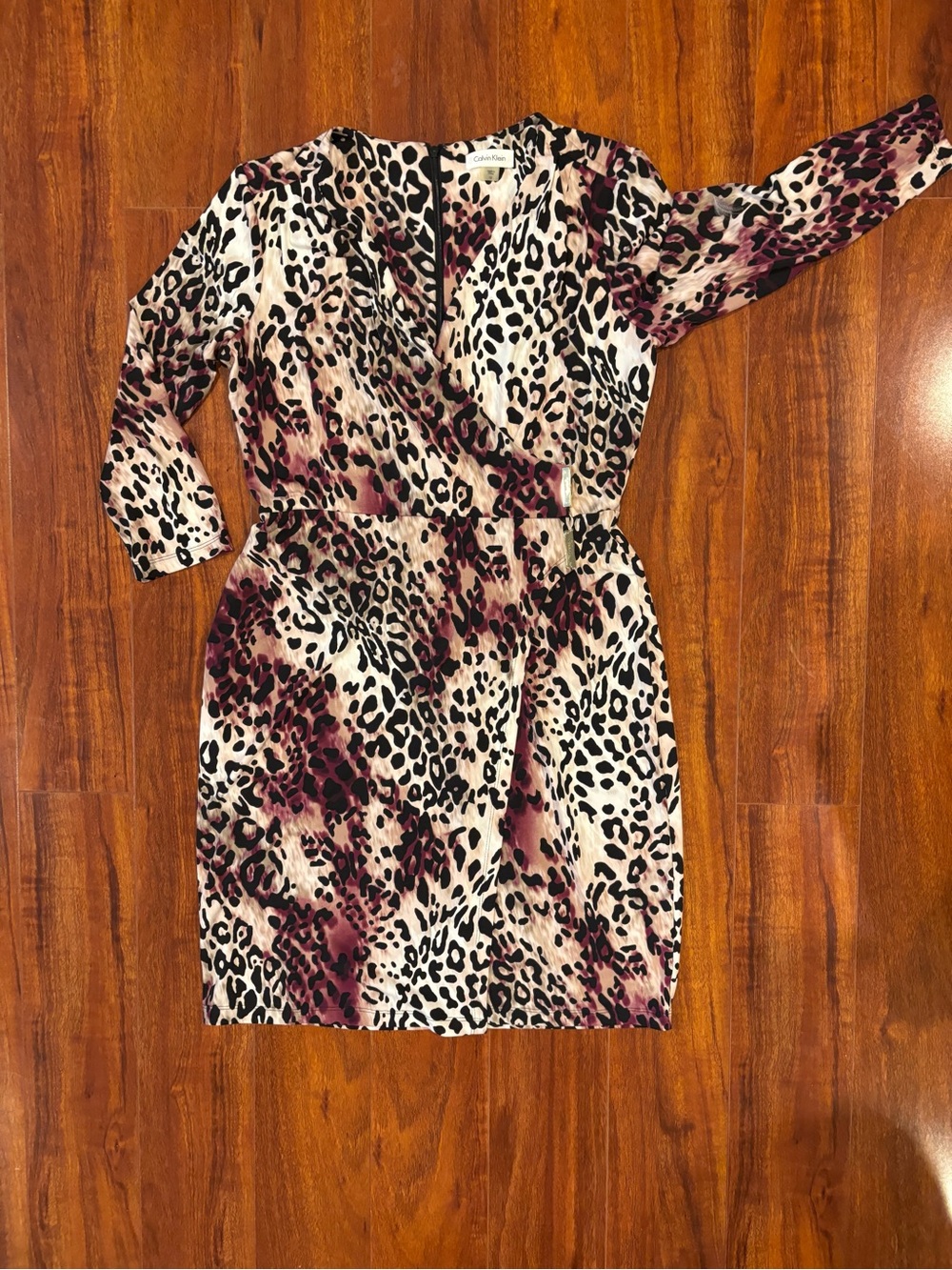 Calvin Klein Leopard Print Wrap-Style Long Sleeve Dress in Black and Burgundy